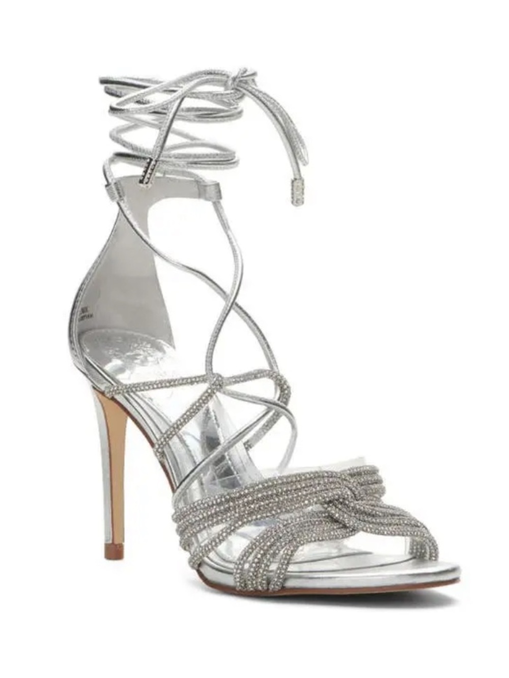 NEW $149 Vince Camuto Silver Strappy Rhinestone Lace-Up High Heel Sandal size 10